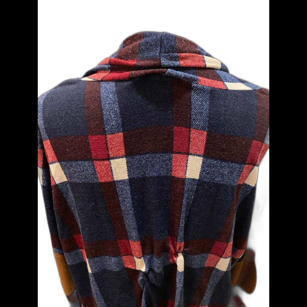 EGY‎ Womans Jacket Plus Sz XL Navy Burgundy Plaid Open Front Light Fleece